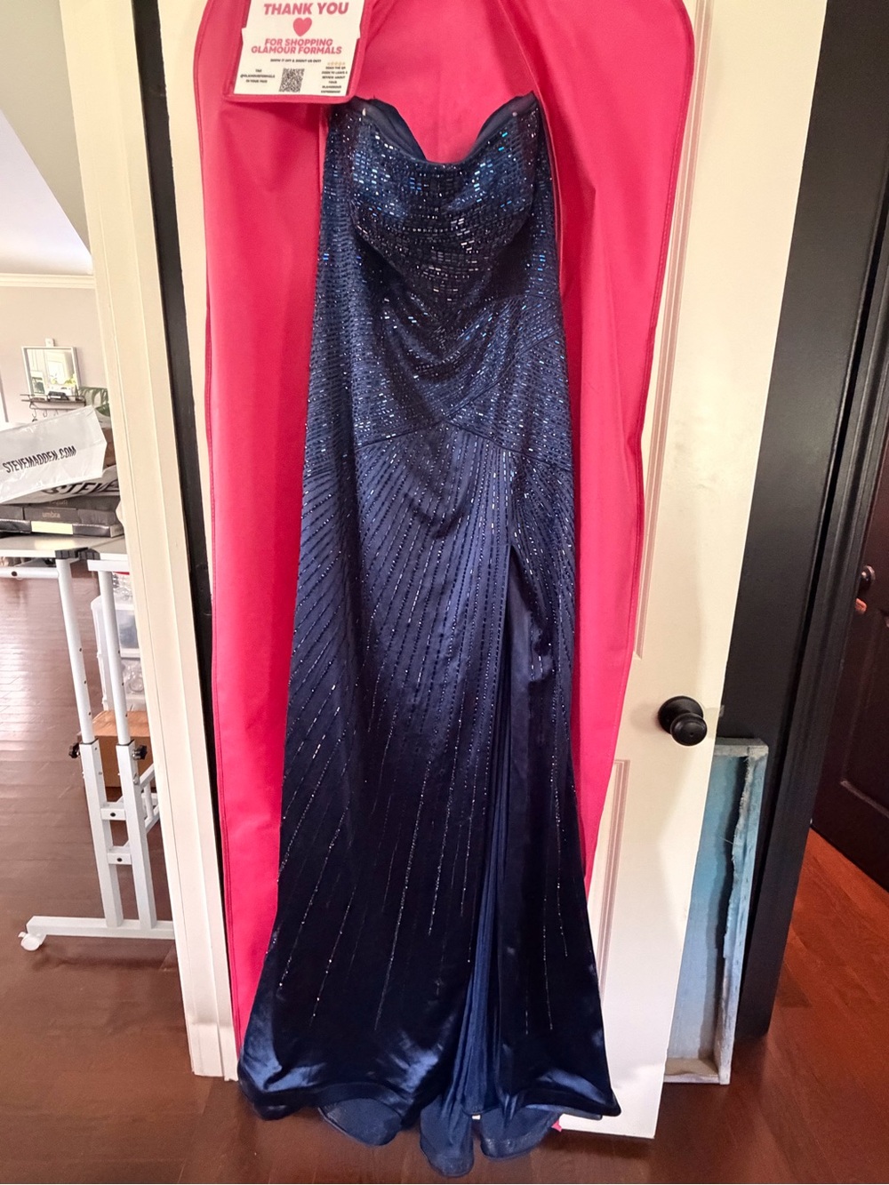 Strapless Navy Sequin Evening Gown